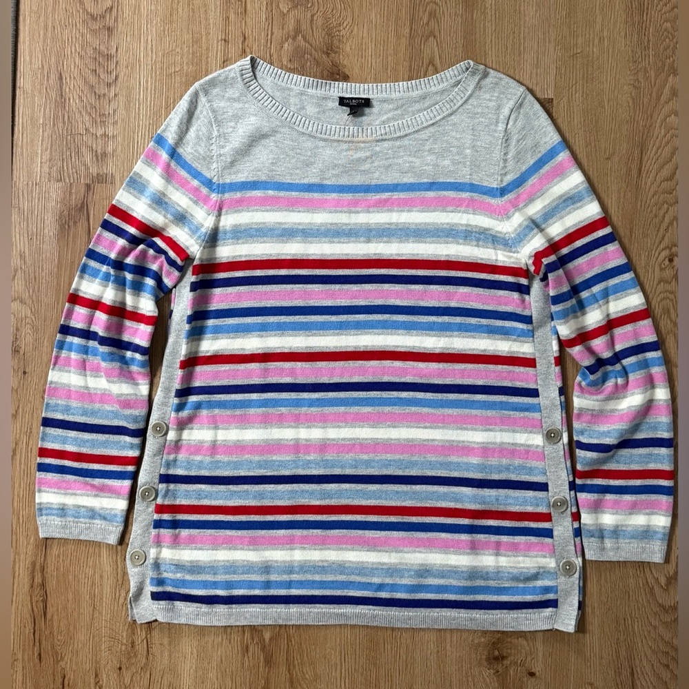 Talbots Long Sleeve Sweater Multi Stripe Side Button‎ Size Petite Large New